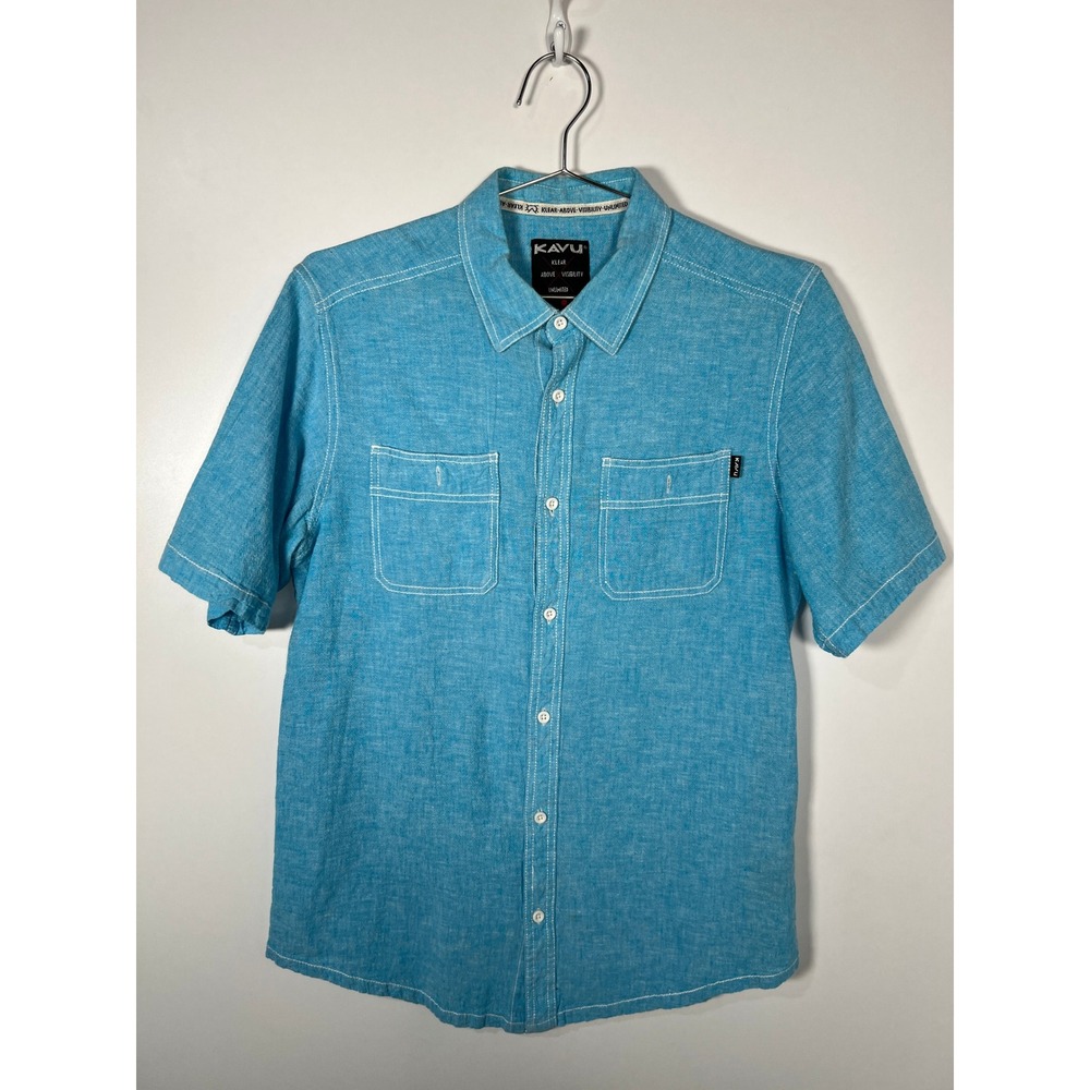 Kavu Linen Blend Short Sleeve Button Down Shirt Turquoise Blue Gorpcore Mens M‎